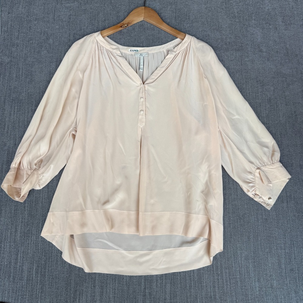 Joie Blouse Top Womens S Cream Silk Gathered Cuffs High Low Hem Button Placket